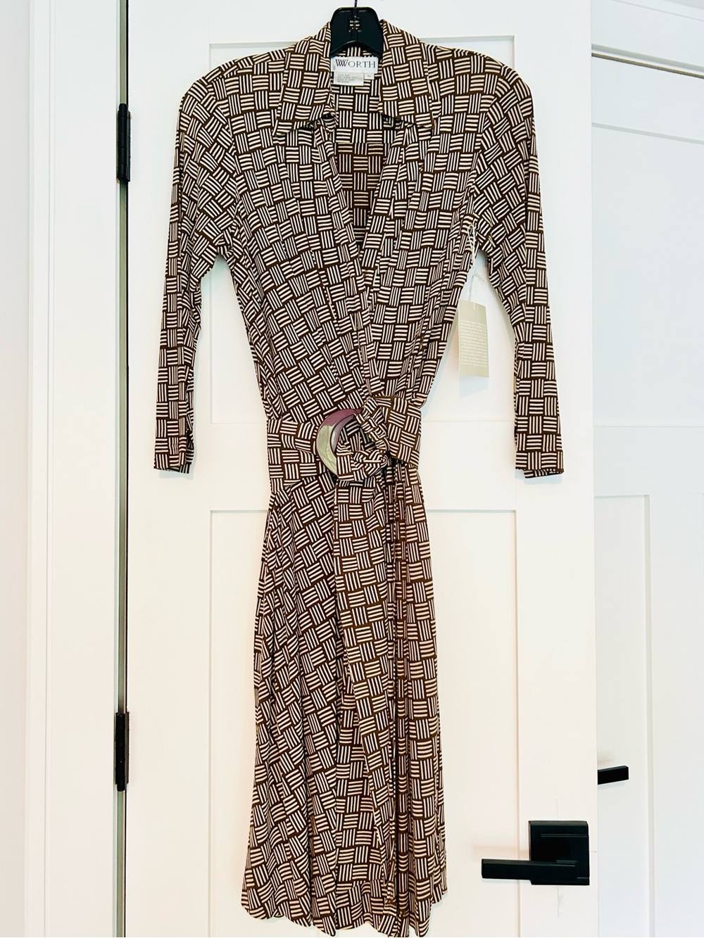Worth Brown Geometric Wrap Dress with Belt (NWT)